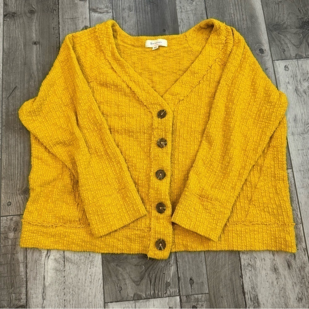 Vince Camuto Textured Top Button Cardigan Sweater Jacket Mustard Gold XXL